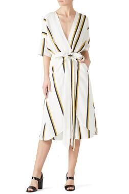 Sancia Anika Womens Plunge V-Neck Wrap Tie Short Sleeves Striped Dress Small